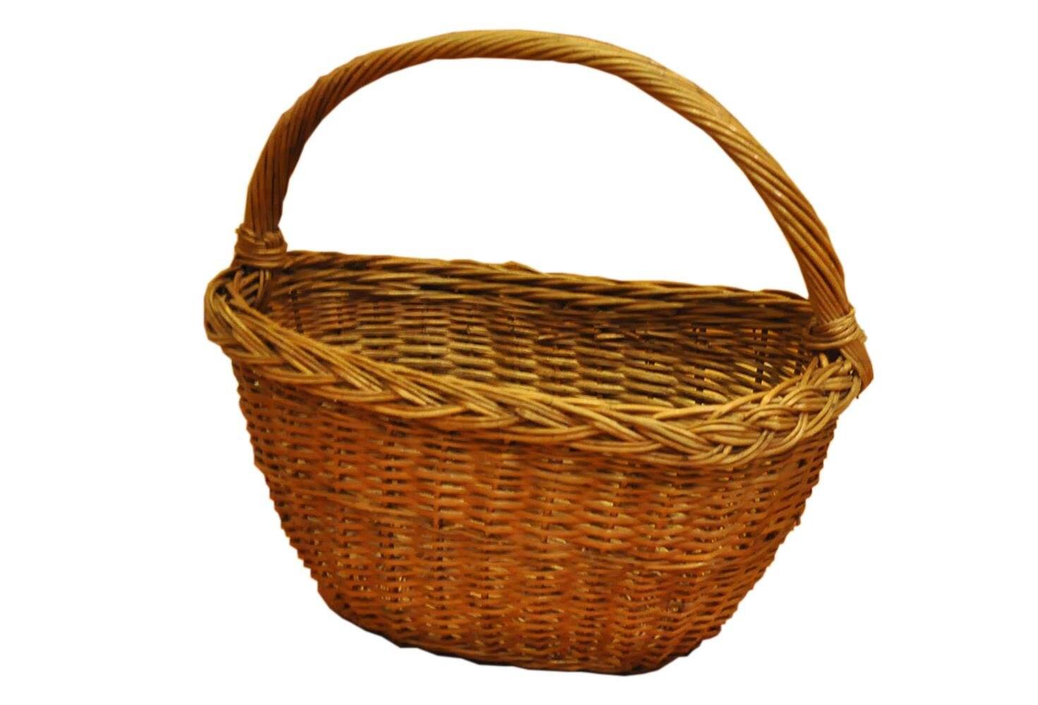 Panier vintage en osier marron des années 1950 avec anse torsadée et bordure tressée