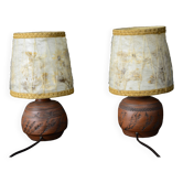 Pair of terracotta lamps Herbier 1970 Lampshade in wool and dried flowers. Bohemian