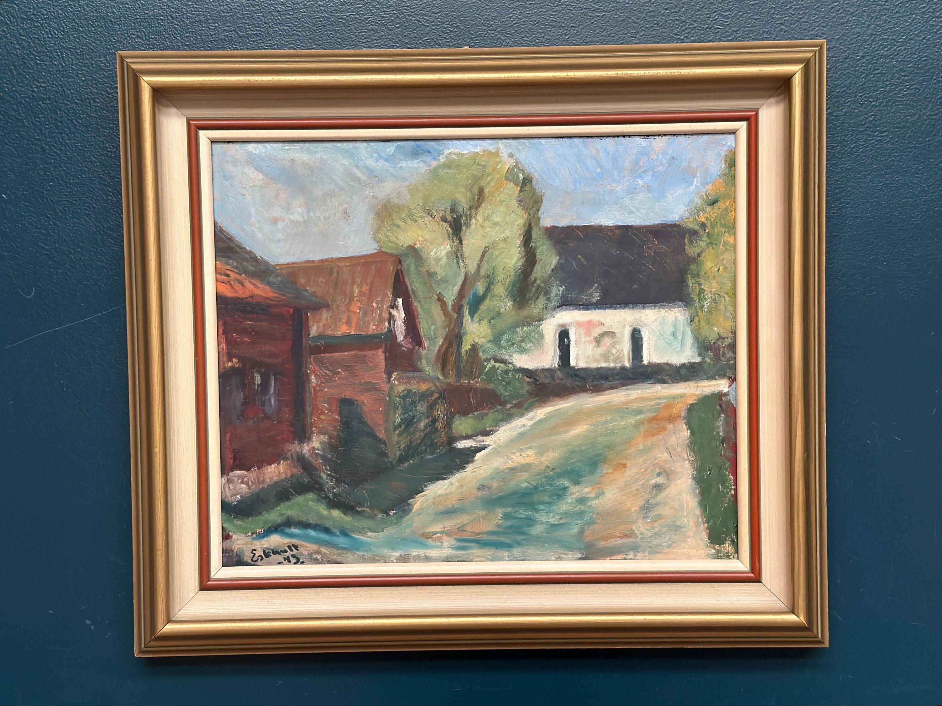 Original Mid Century Swedish Oil On Canvas – “Suburbia” By Erik Hult
