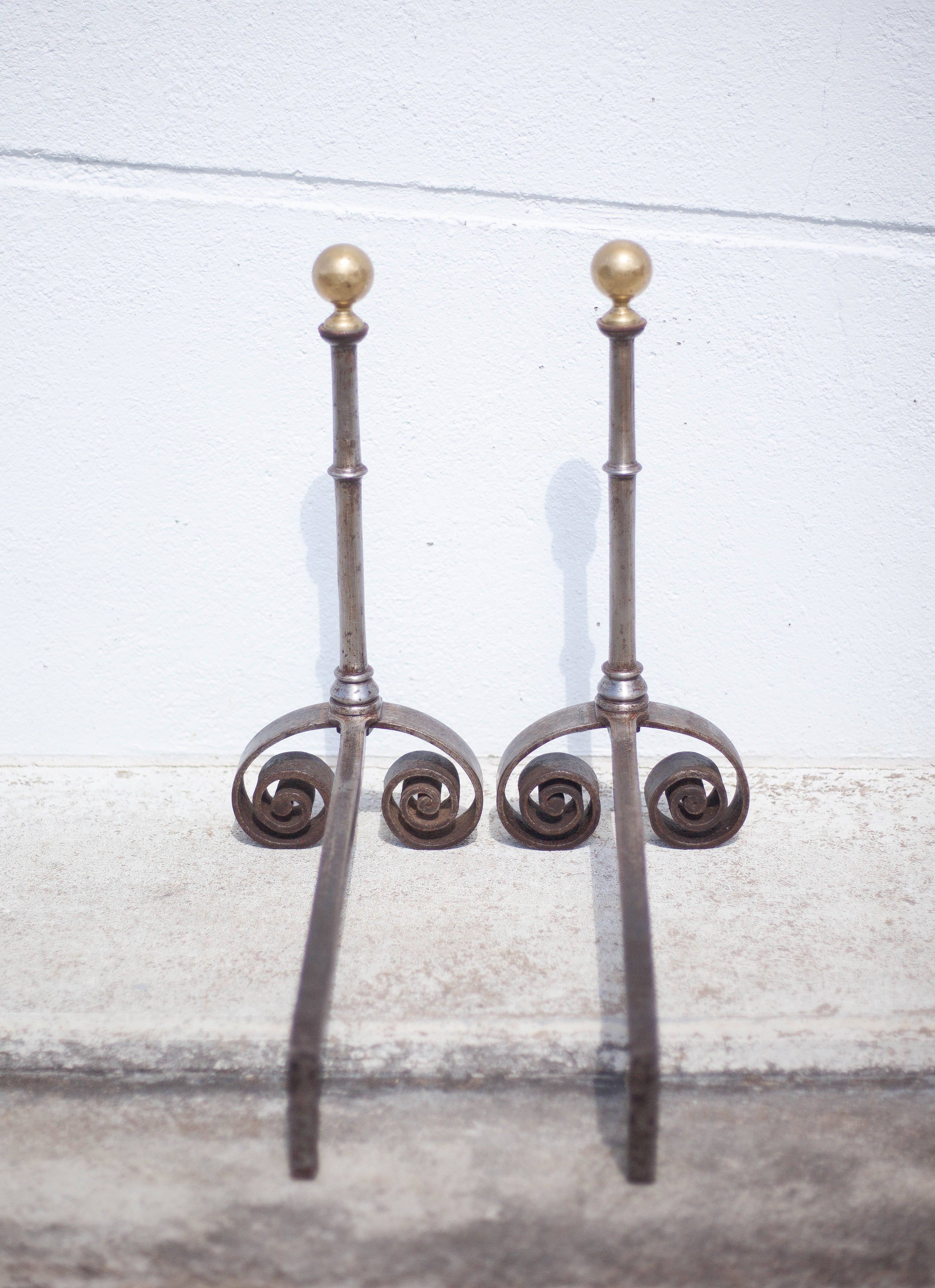 Vintage shirts, pair of wrought iron chenets and brass ball, large Napoleon III Style chenets
