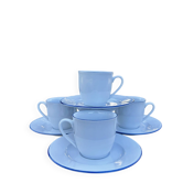 Set of 4 white coffee cups and saucers with blue trim from Degrenne.
