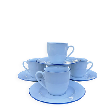 Set of 4 white coffee cups and saucers with blue trim from Degrenne.