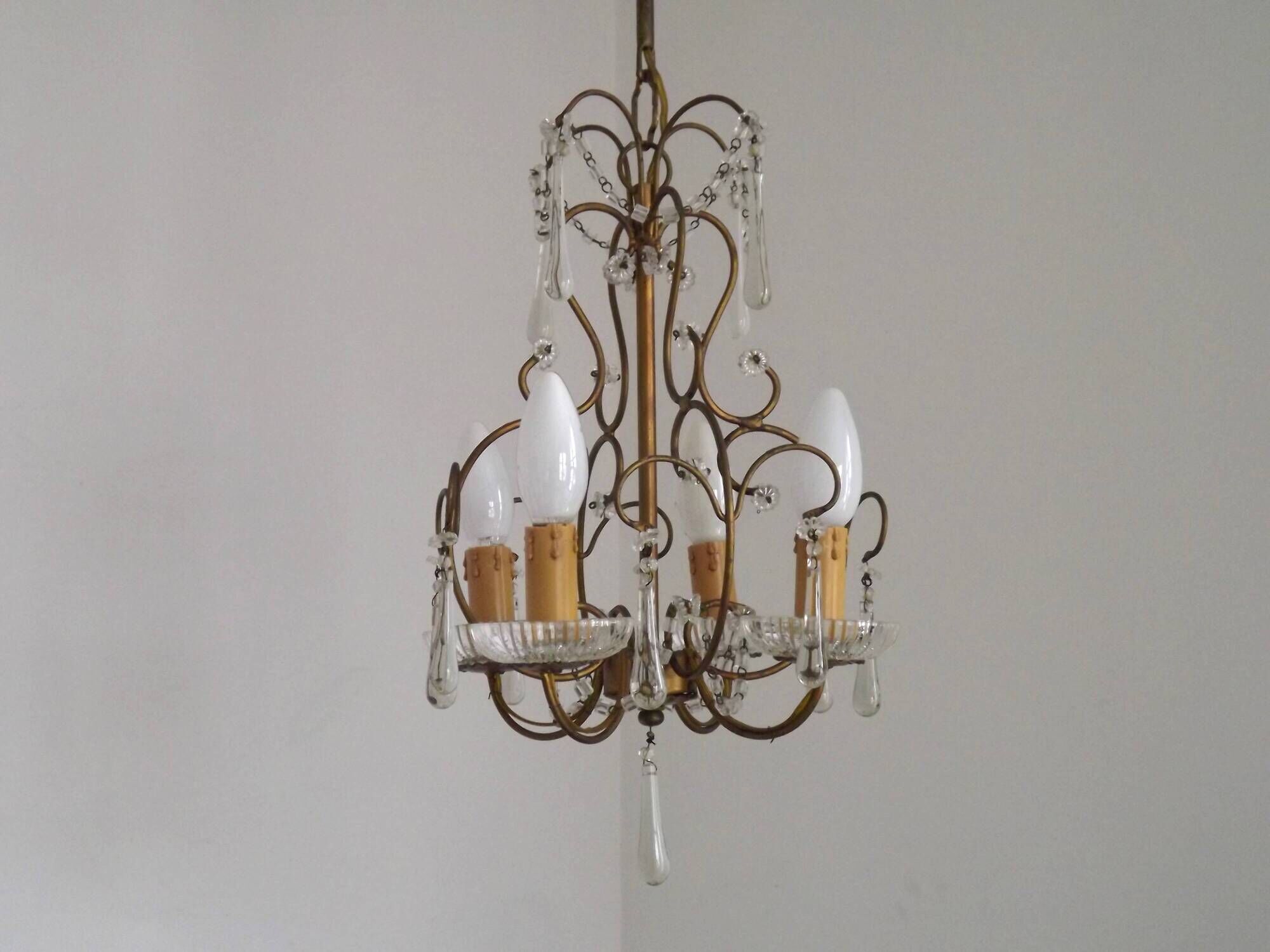 Vintage French 4 Arm Gilded Metal Cage Chandelier Beads Clear Murano Drops