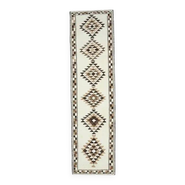 Vintage Turkish Oushak Handmade Wool Cotton White Runner Rug 90x338