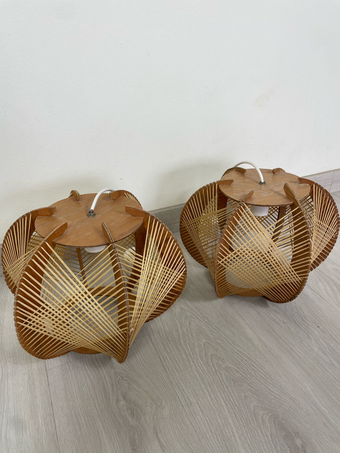 Pair of Scandinavian pendant lamps in wood and wires