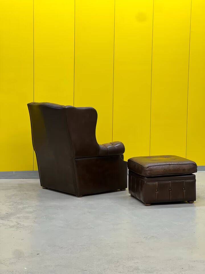 Brown leather chesterfield wing chair with Ottoman