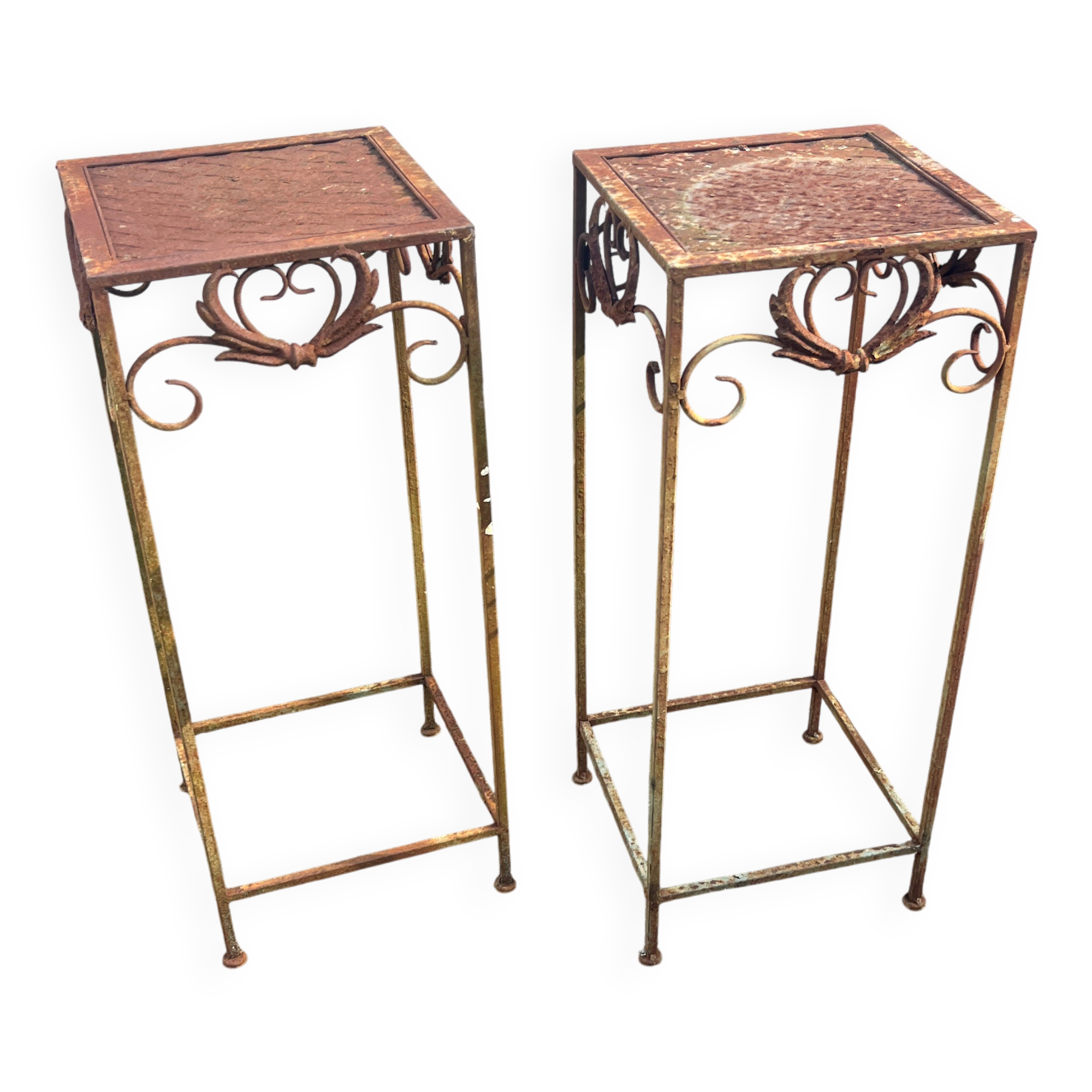 Paire de Sellettes / Porte-Plantes Vintage en Fer Forgé Patiné - Style Camp