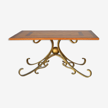 Table low wood and gilded wrought iron style 1940