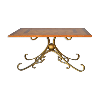 Table low wood and gilded wrought iron style 1940