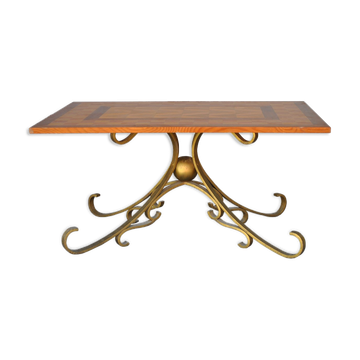 Table basse bois et fer forgé doré style 1940