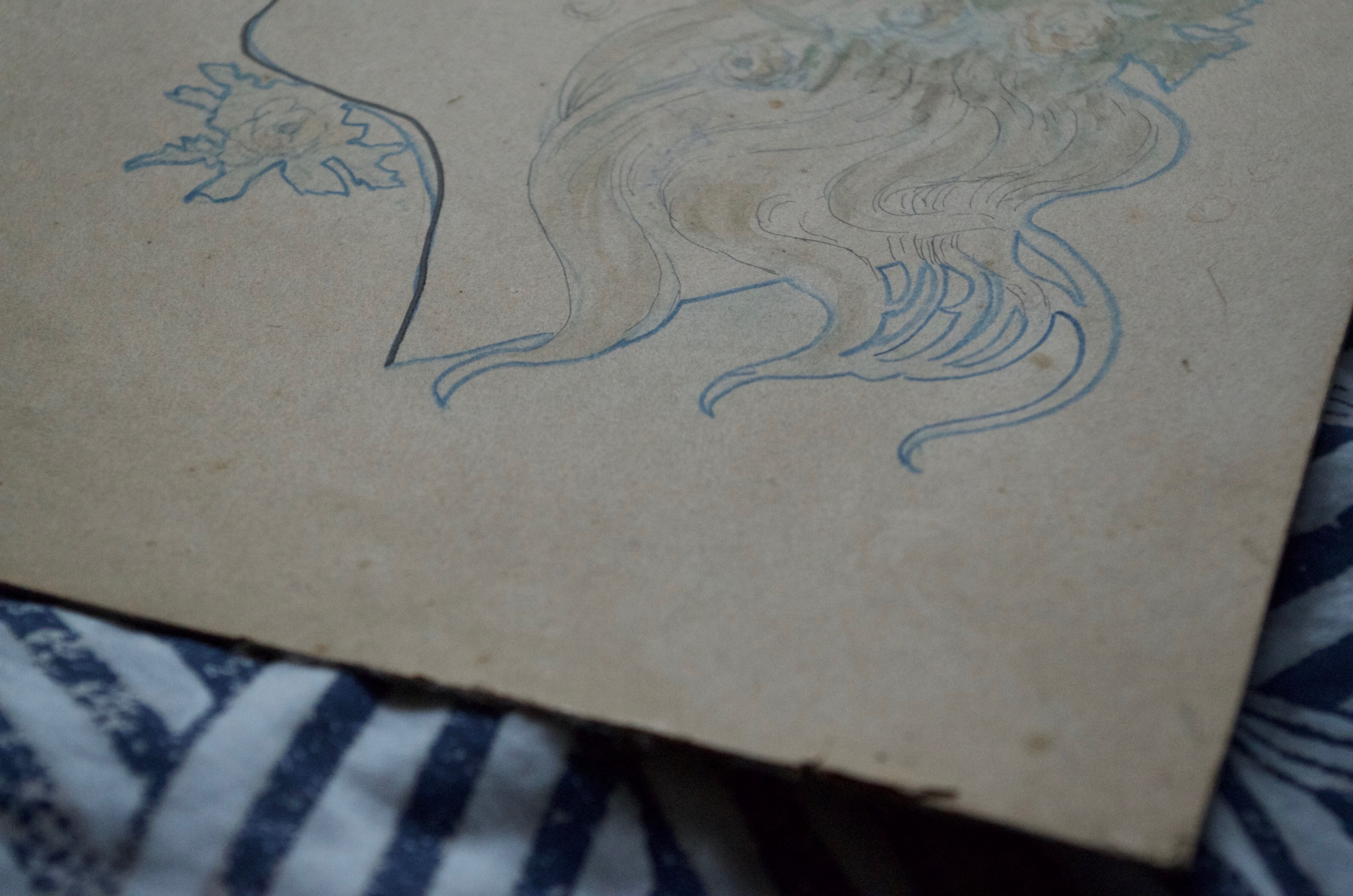 Original old drawing art nouveau portrait of a woman