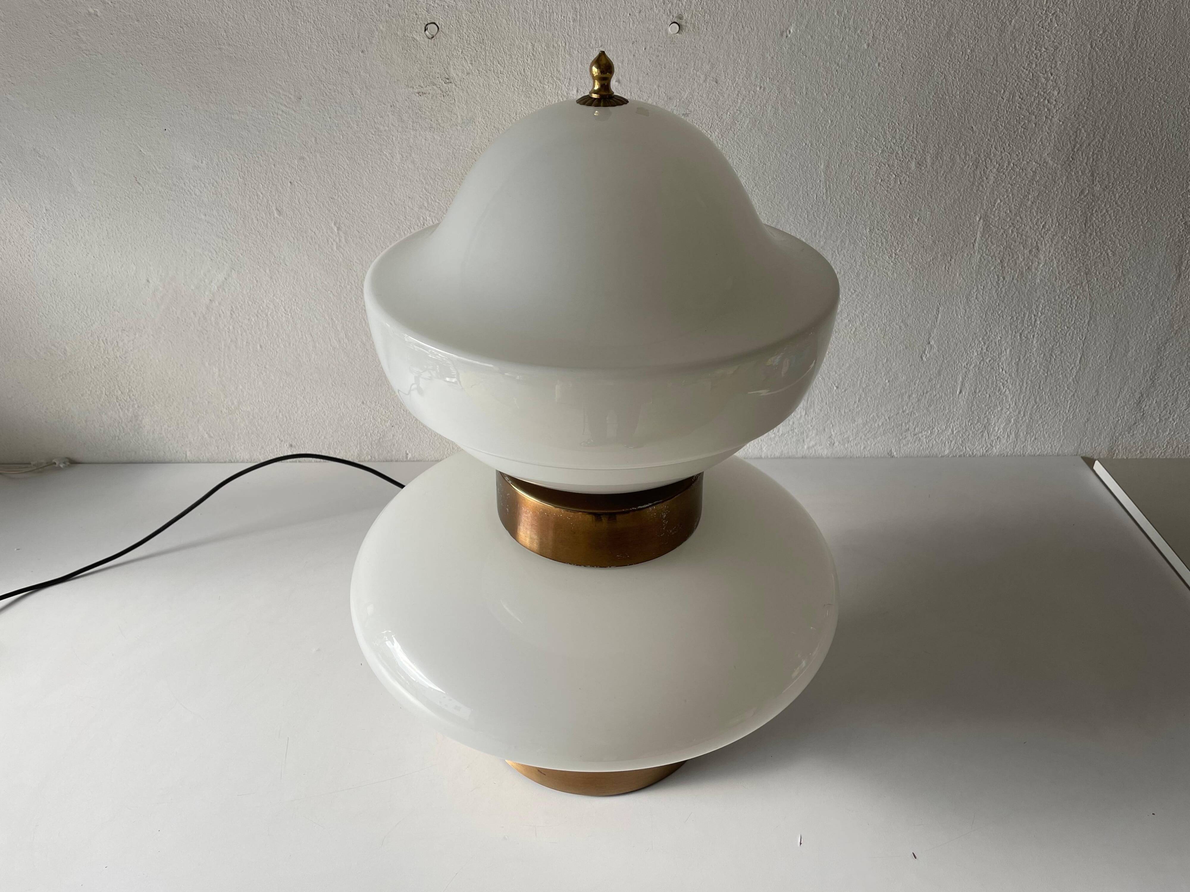 Large table lamp or floor lamp in opal glass and brass body, 1960s, Italy.