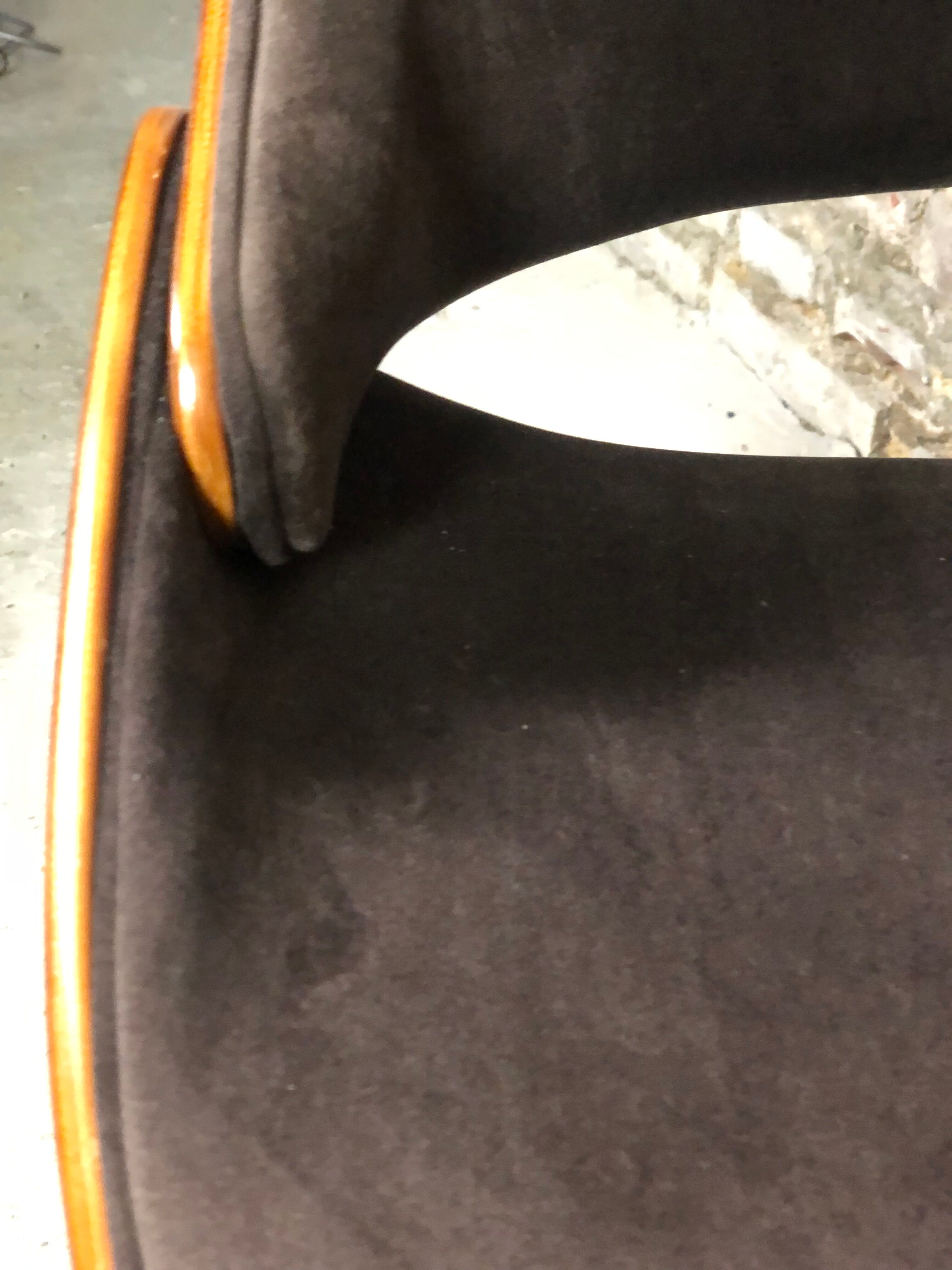 Scandinavian style chairs in curved plywood covered with brown fabric