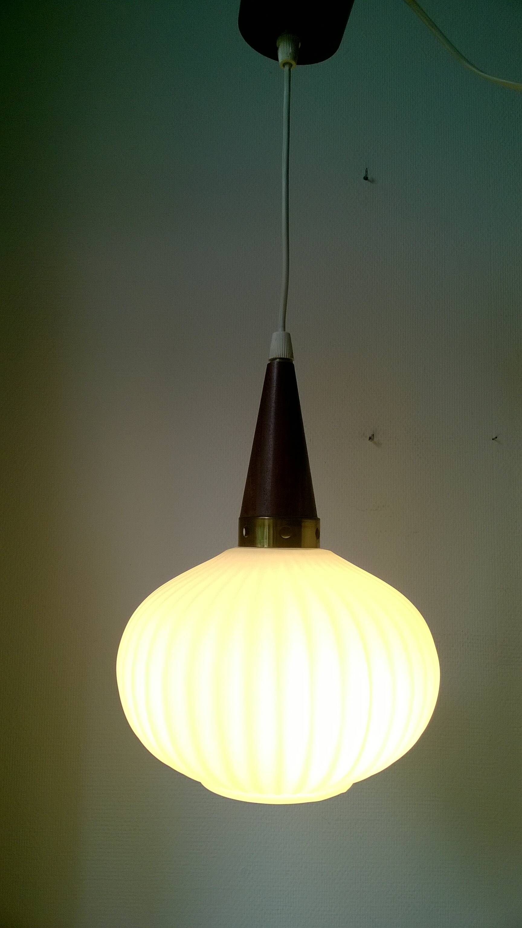Vintage suspension in opaline, teak and brass by Louis Kalff c.1960