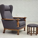 1970s, highback Danish armchair with footstool, furniture wool fabric, oak.