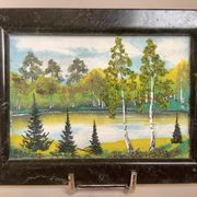 Small landscape painting of a forest in Russian marble.
