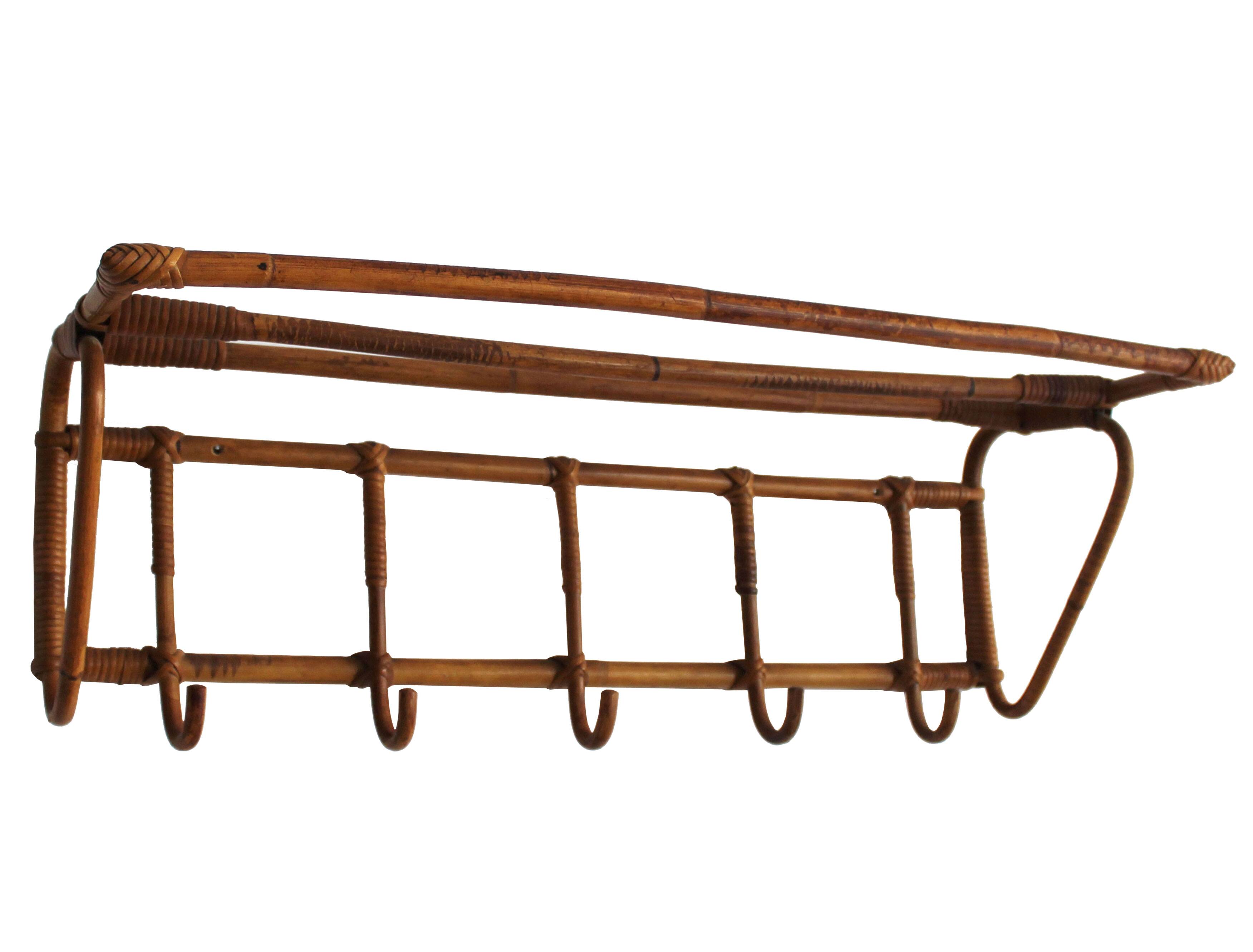 1960s Czechoslovak Rattan Wall Coat & Hat Rack, ÚLUV