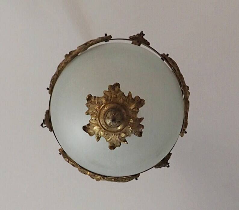 Antique French Louis XVI Style Glass and Bronze Pendant Lamp c. 1900