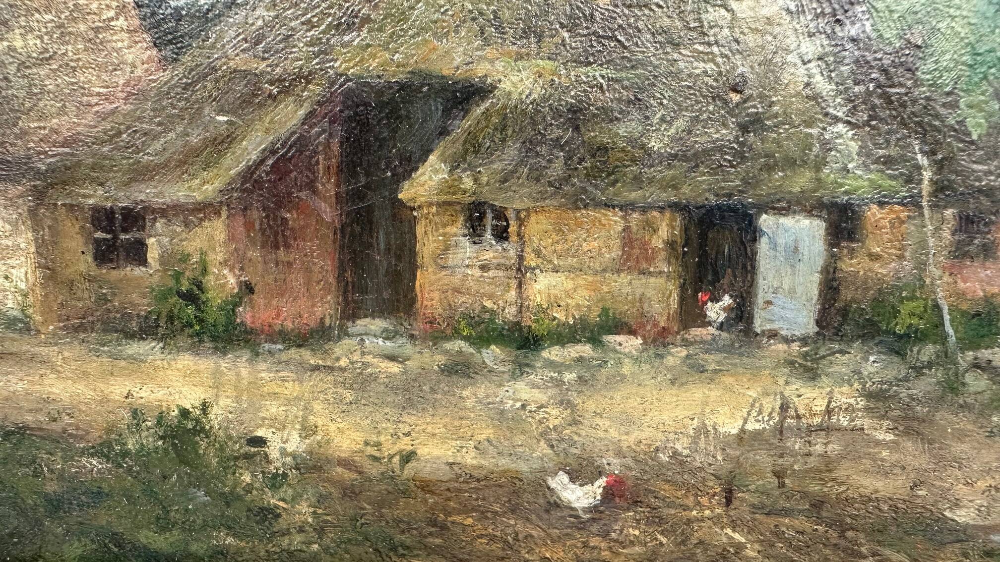 Petite huile sur toile vintage "La ferme et sa basse-cour "
