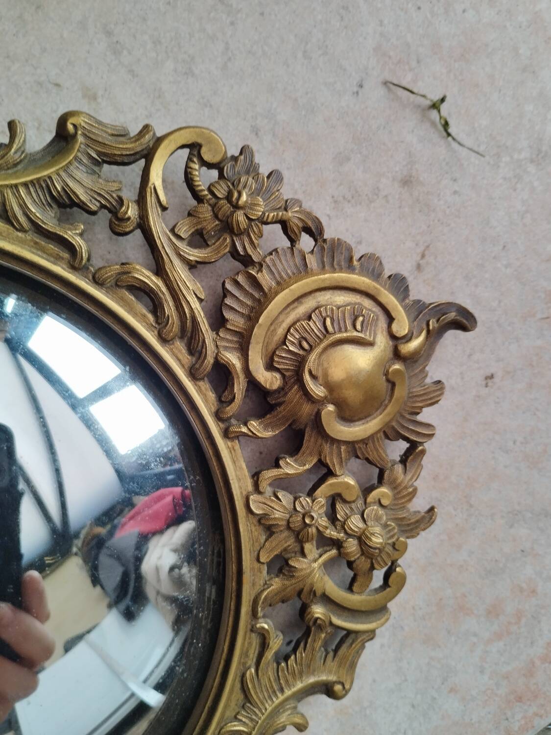 Pair of antique witch mirrors, curved glass, bronze frame