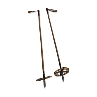 Old bamboo and leather ski pole pairs