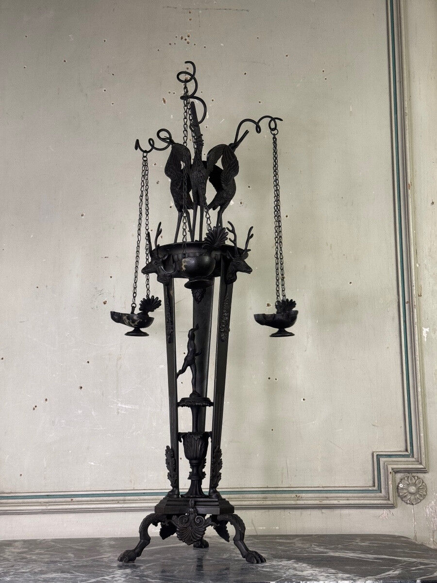 Tripod with herons, oil lamp holder, large object, bronze, Italy 19th century