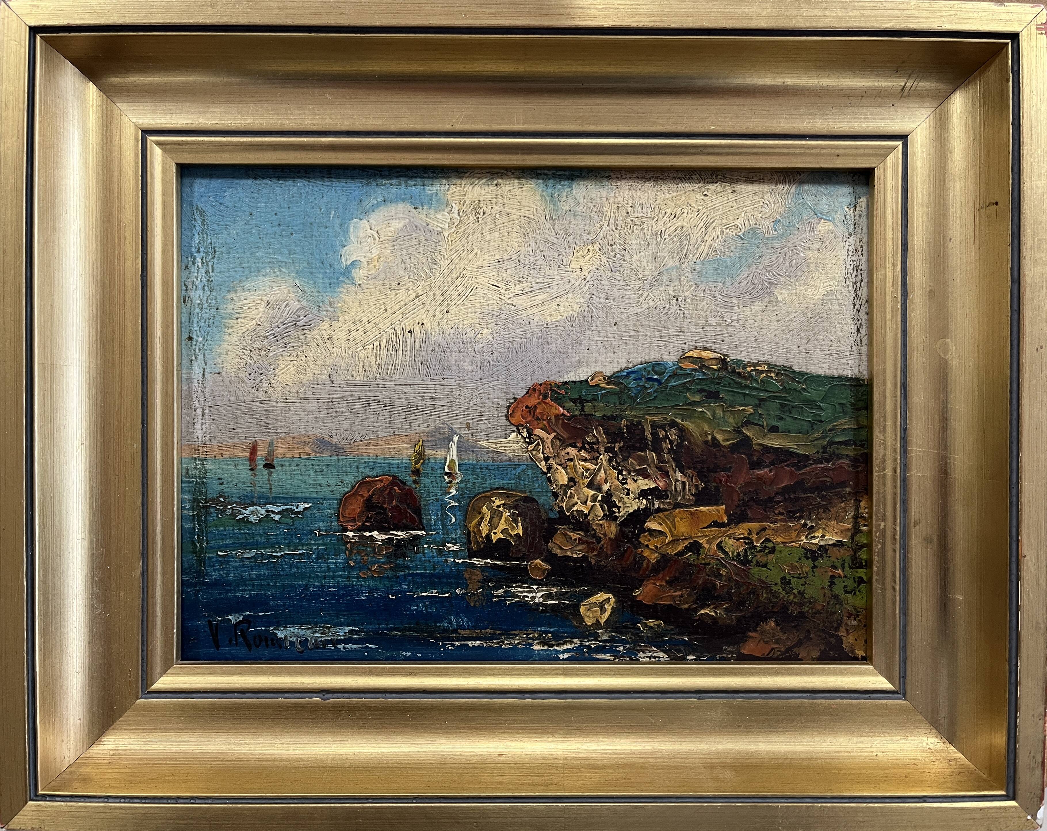 Tableau HST Marine with sailing boats by the seaside early 20th century signed