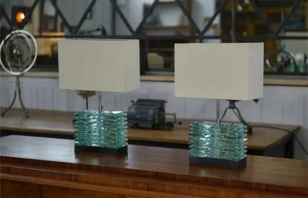 Pair of brutalist lamps in raw glass and beige shades, 1960s