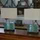 Pair of brutalist lamps in raw glass and beige shades, 1960s