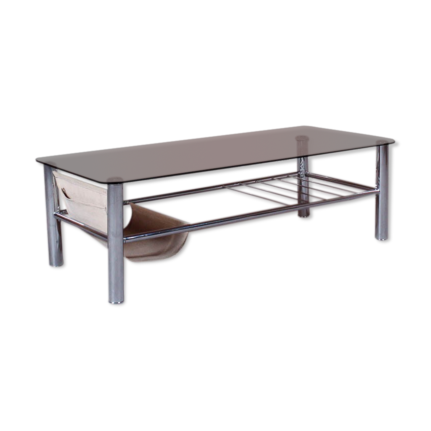 Glass rectangle coffee table with magazine rack, circa 1970