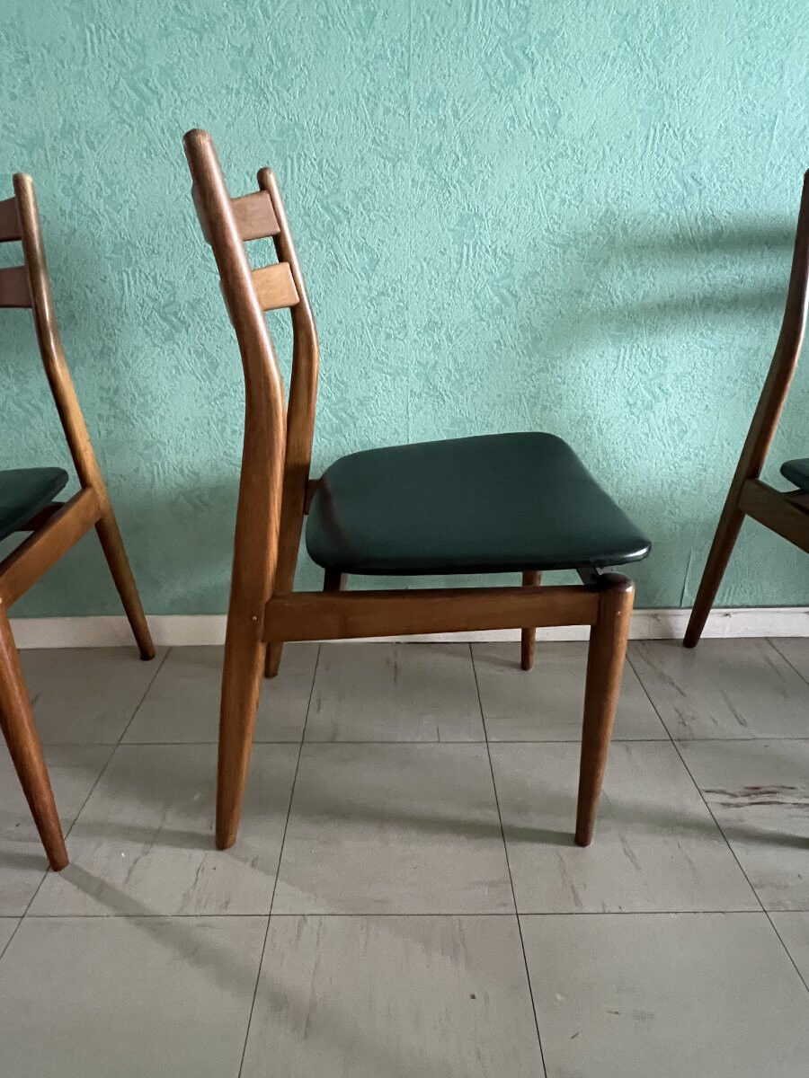 Set of six vintage scandinavian chairs. black faux leather seat, eros edition from around 1960.