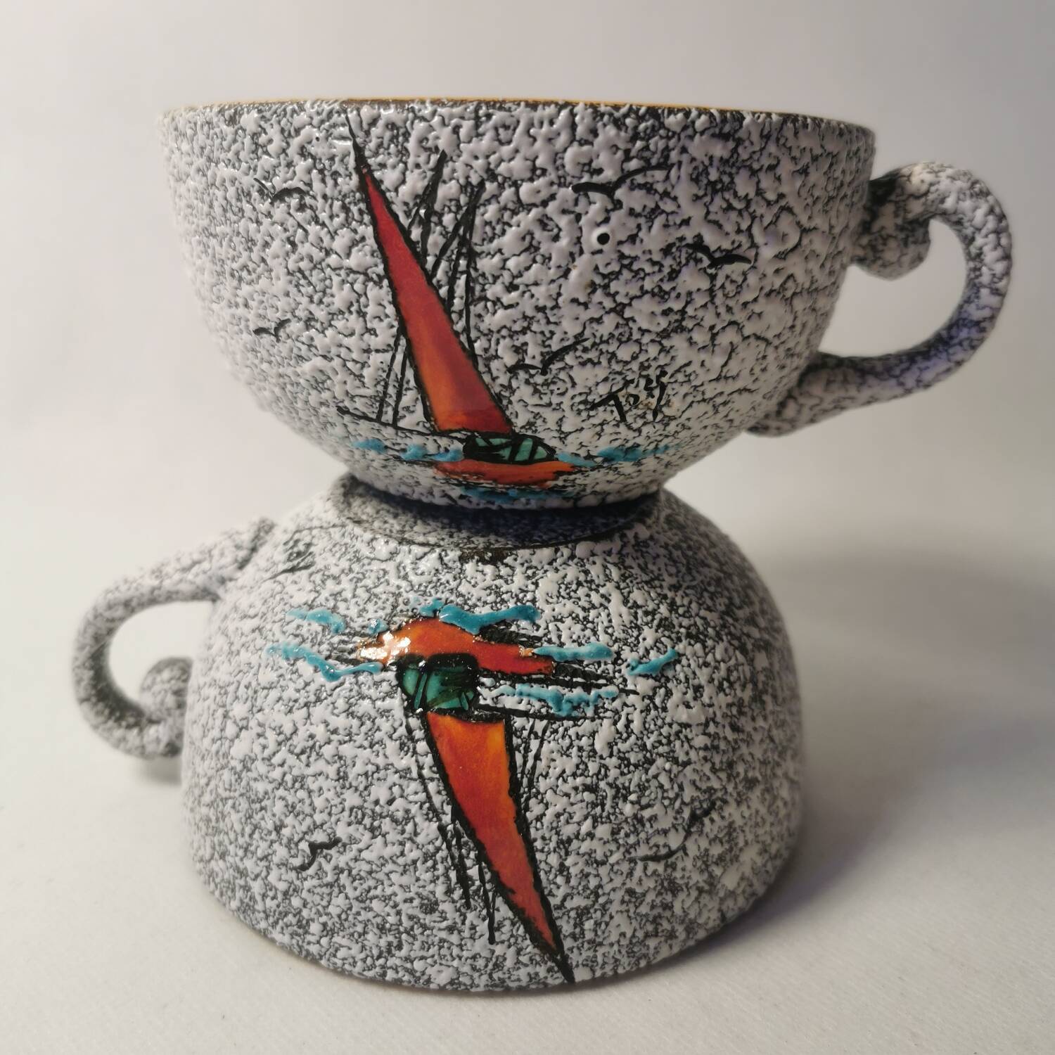 2 Vintage ceramic cups signed Tess boat decor in enamels