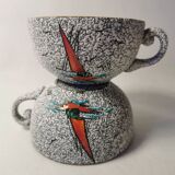2 Vintage ceramic cups signed Tess boat decor in enamels