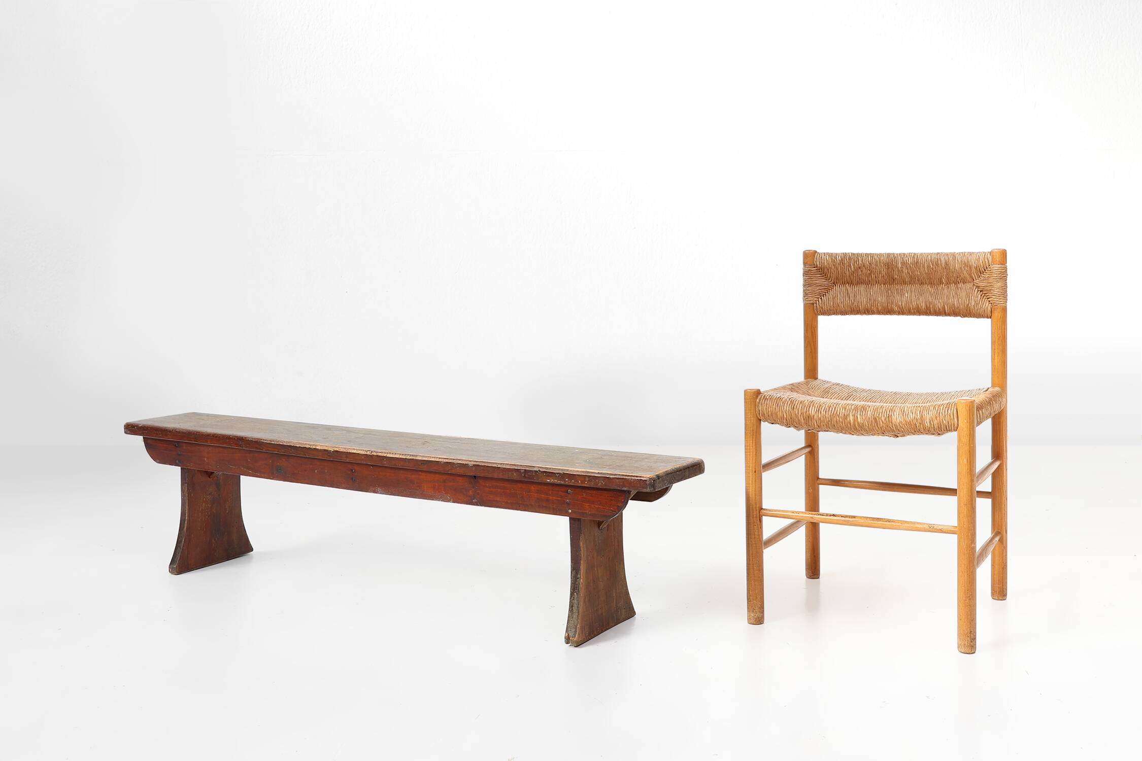 Banc rustique français en chêne brun, vers 1900