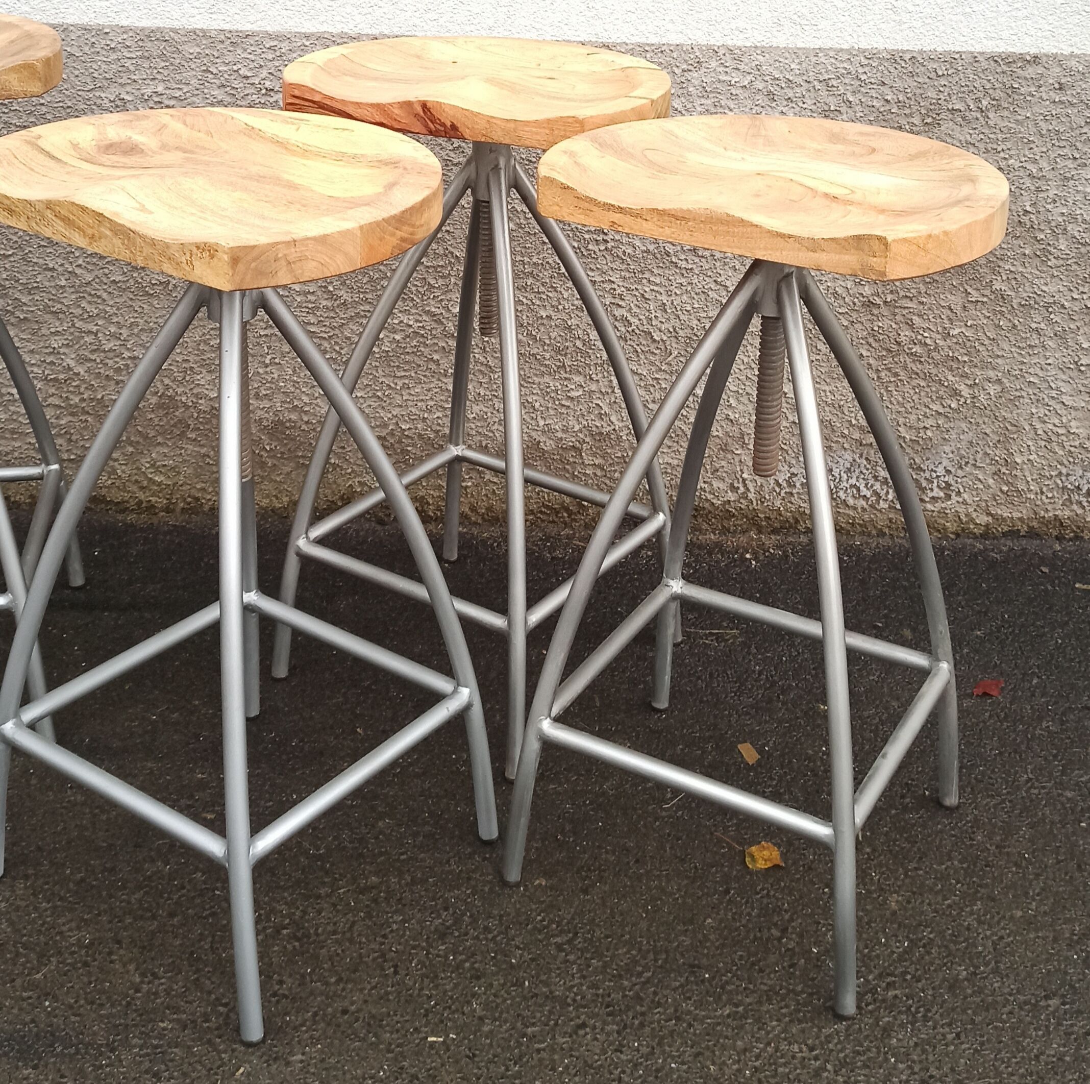 Set of 6 wooden stools with adjustable metal legs