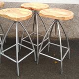 Set of 6 wooden stools with adjustable metal legs