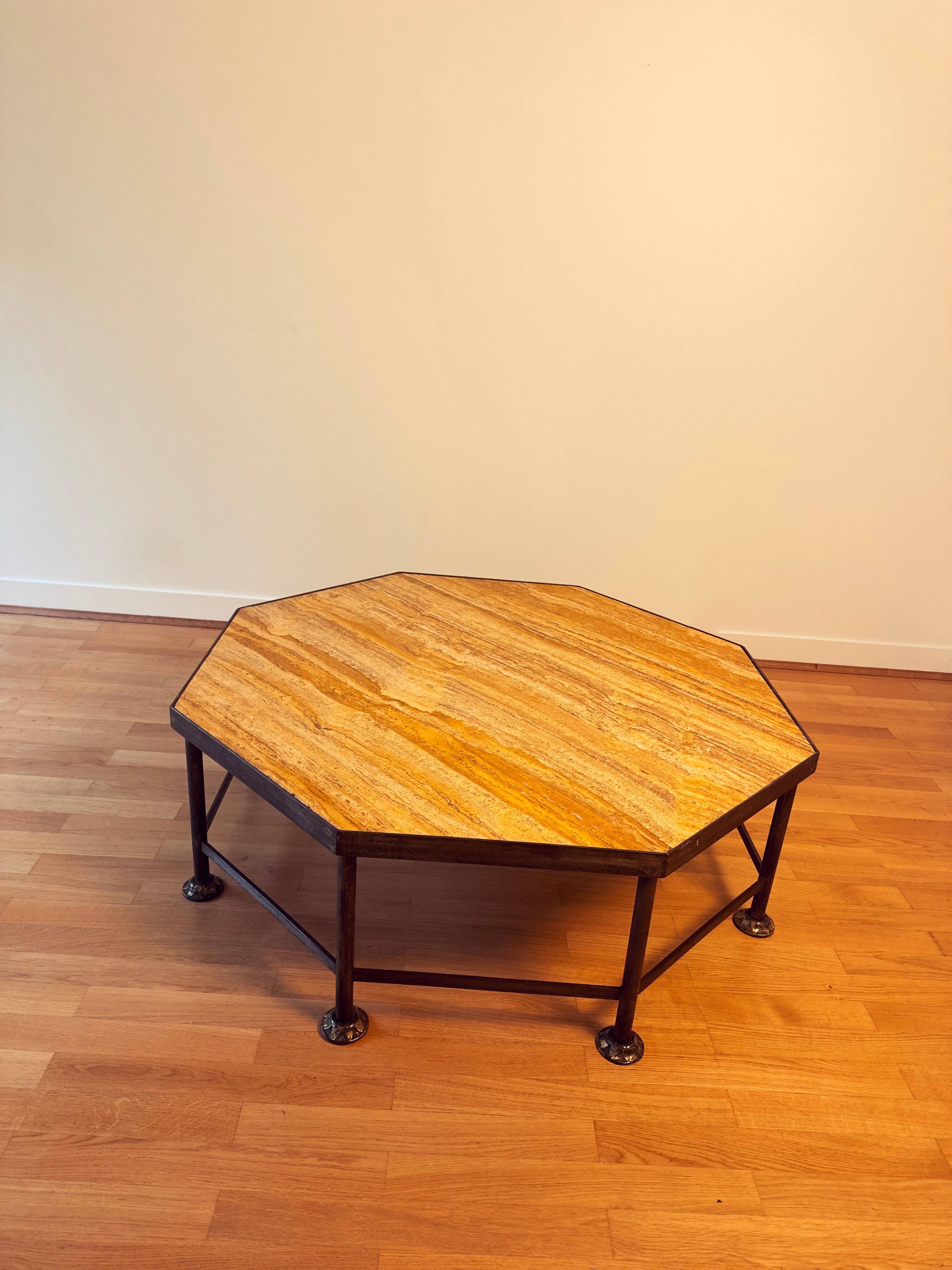 French Octagonal Travertine Coffee Table in the Style of Maison Jansen, 1960s