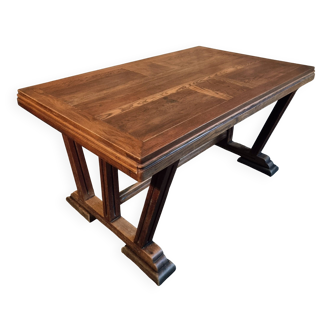 French vintage table in solid oak, Arts & Crafts style, 1930s–1940s.
