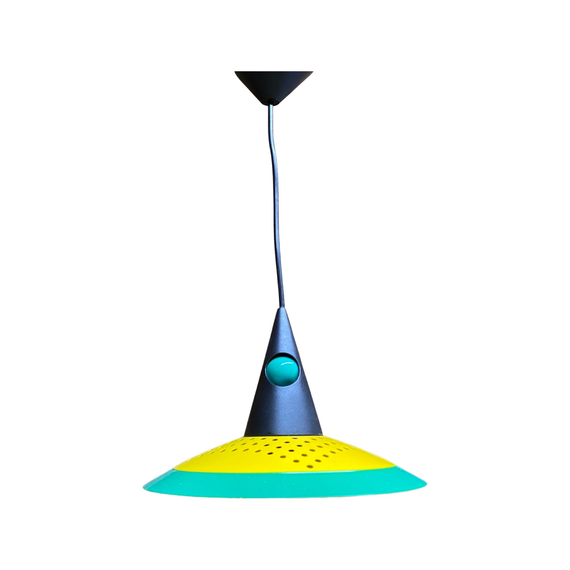 Vintage green-yellow pendant light | small mid century design hanging lamp | retro metal pendant