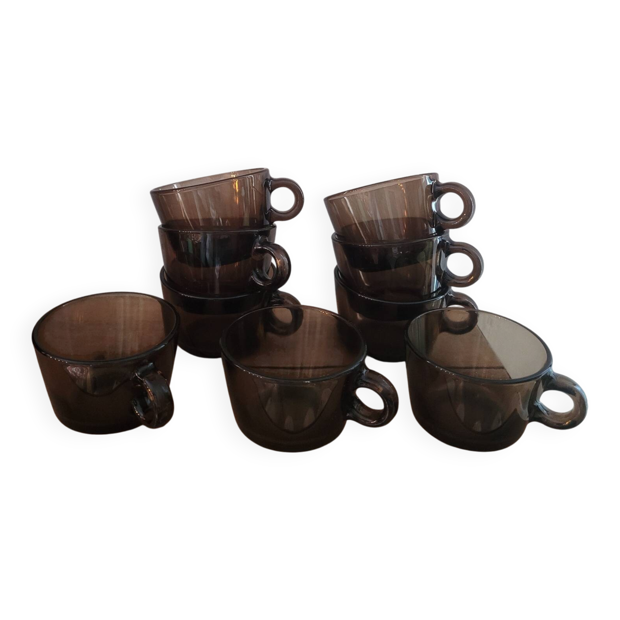 Set of 9 smoked glass cups — Vereco France, 1970s