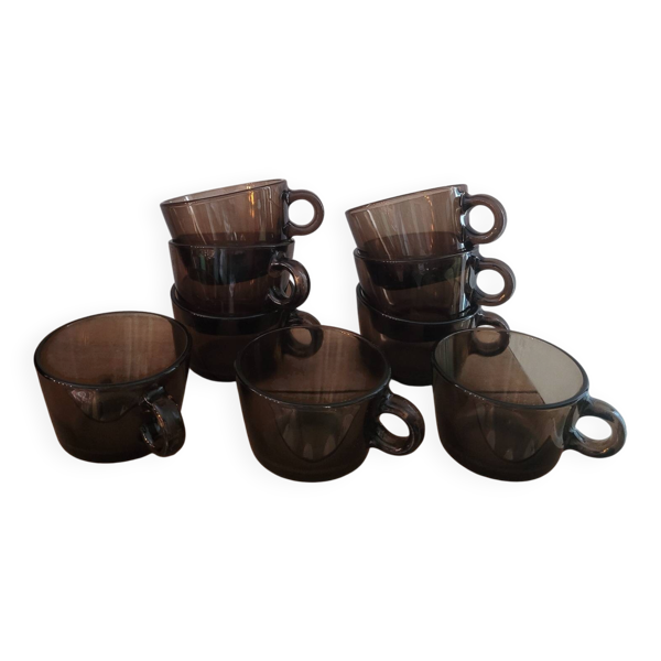 Service de 9 tasses en verre fumé Vereco France, années 70