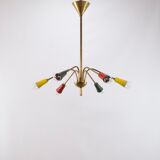 Multicolored vintage brass chandelier, 1950, 6 arms, 60cm in diameter