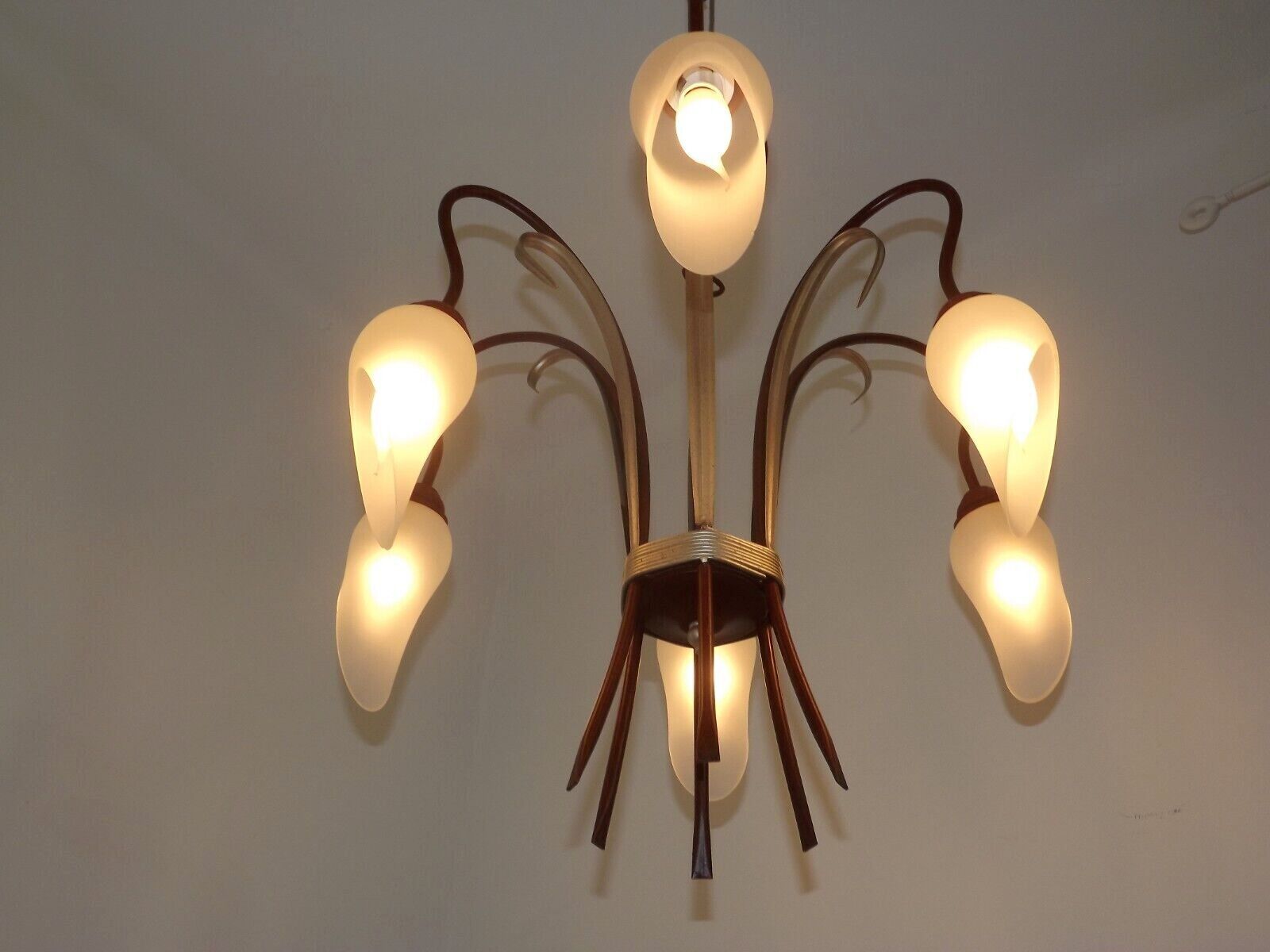 French vintage 6 arm brown & silver toleware chandelier opaque glass shades 3861