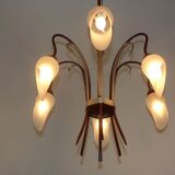 French vintage 6 arm brown & silver toleware chandelier opaque glass shades 3861