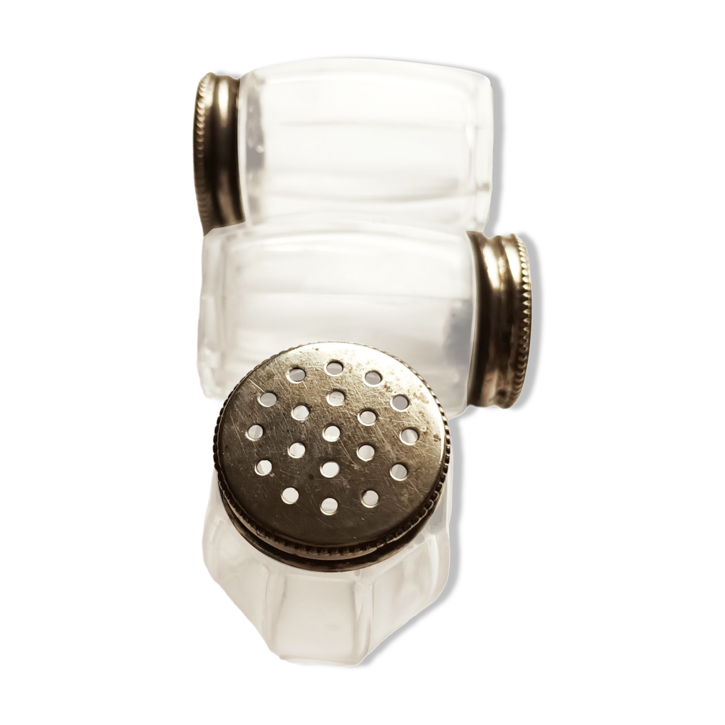 3 table salt shakers in crystal and silver-plated metal