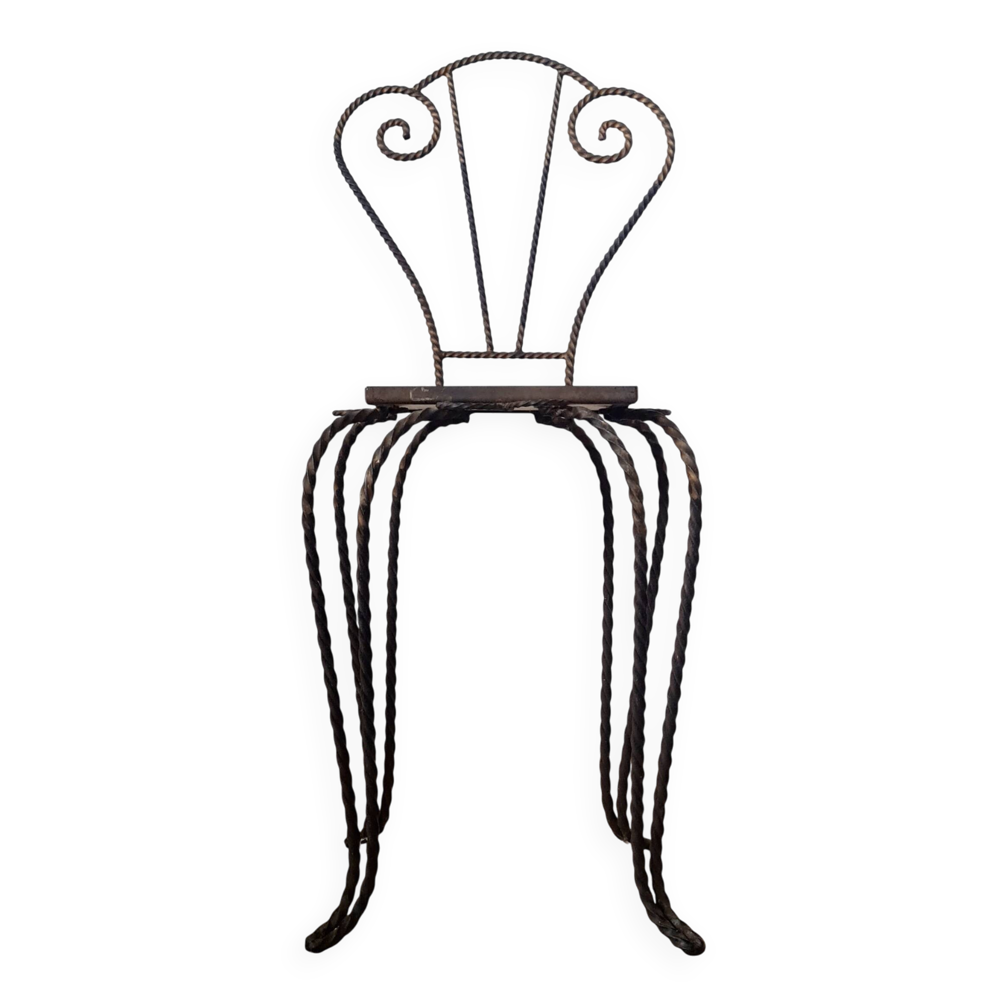 Small chair / stool in twisted wrought iron and floral ceramic.
