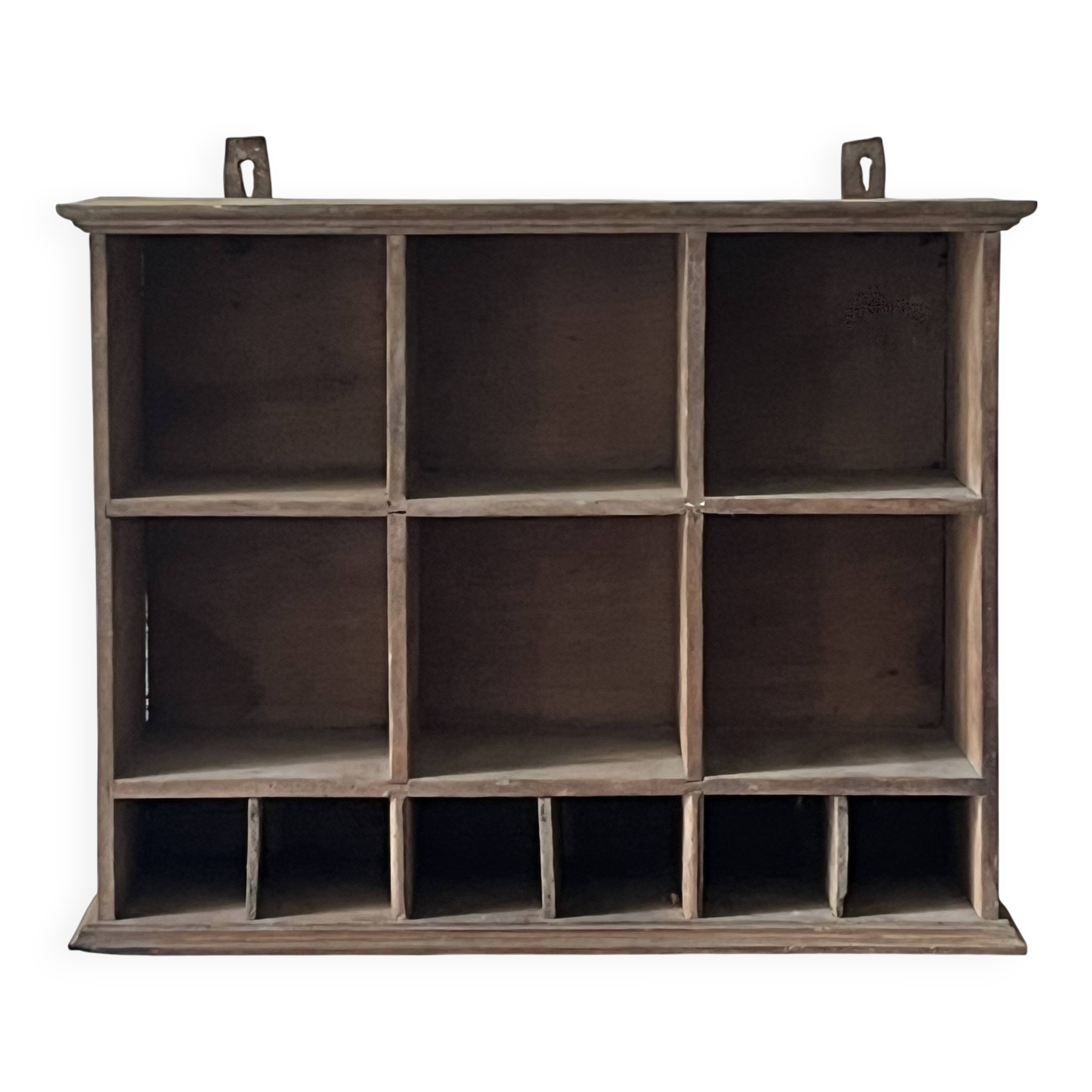 Antique commercial shelving unit with compartments