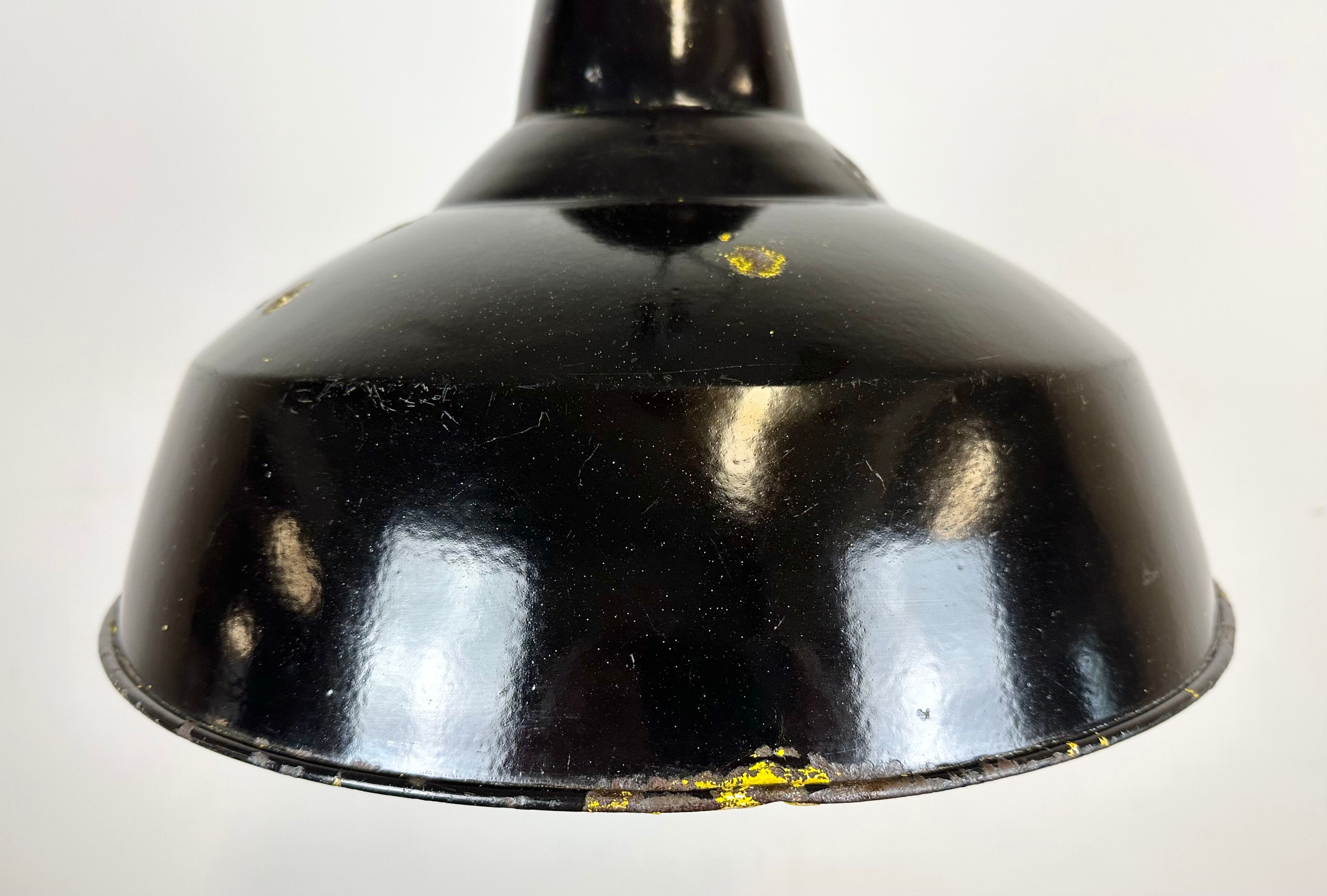 Industrial black enamel factory lamp with iron top, 1960s