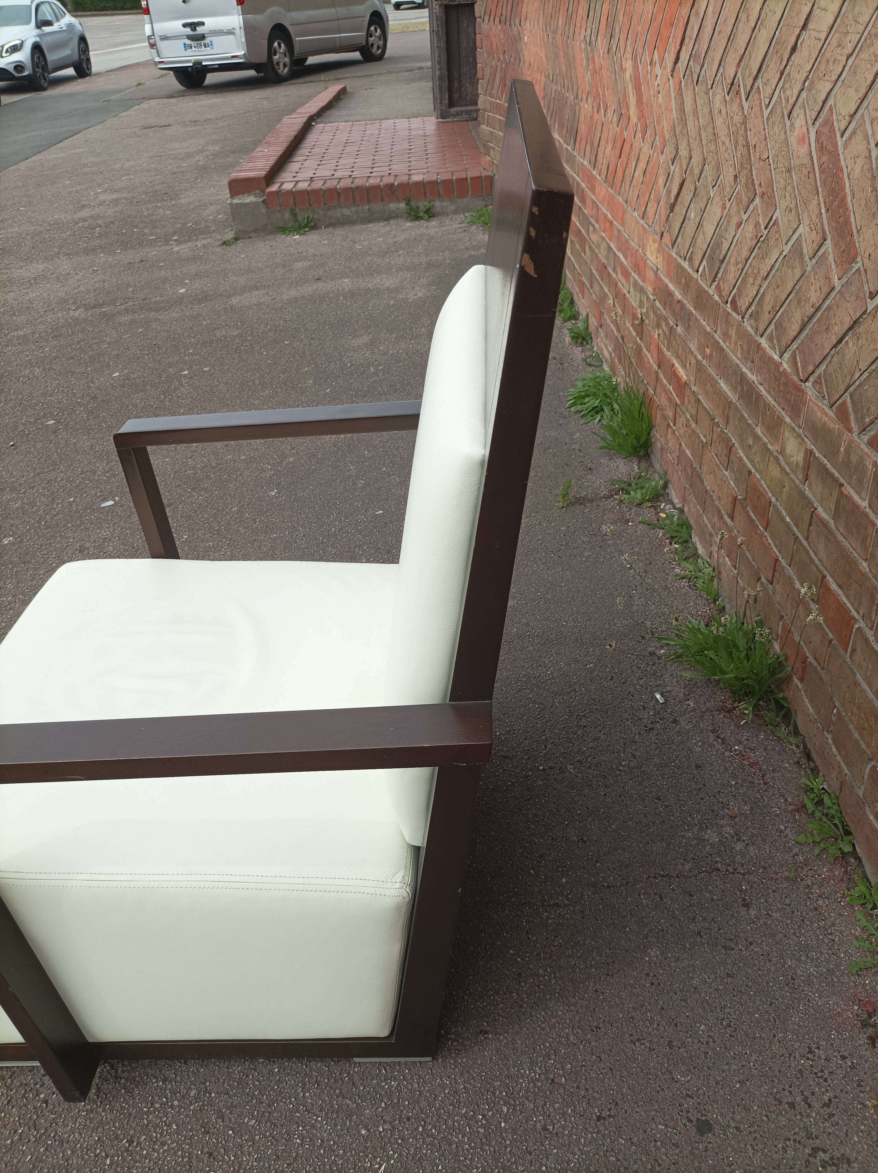 Old armchair white leather art deco design André sornay