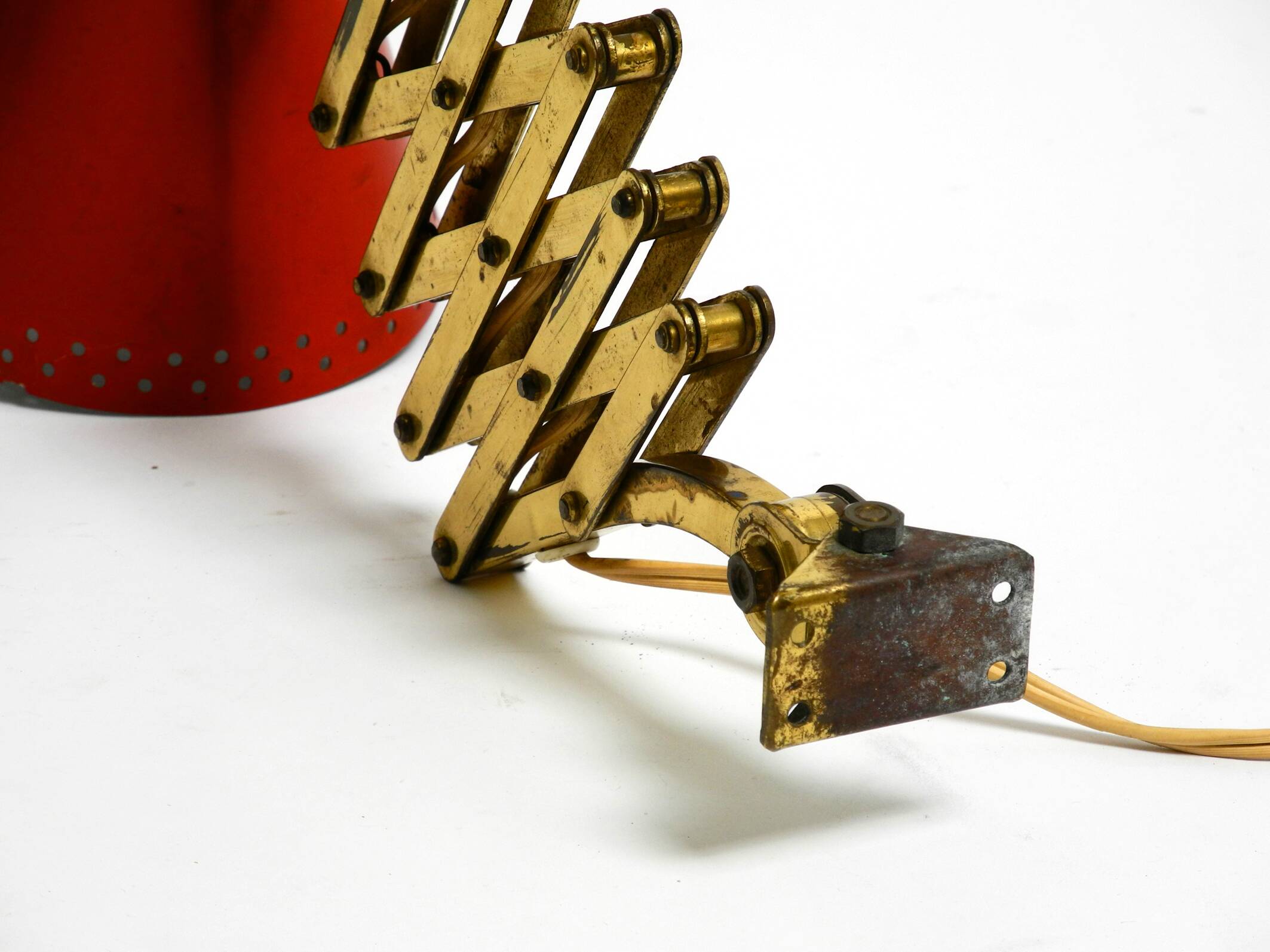 1950s brass extendable scissor wall lamp with aluminum diabolo shade in red